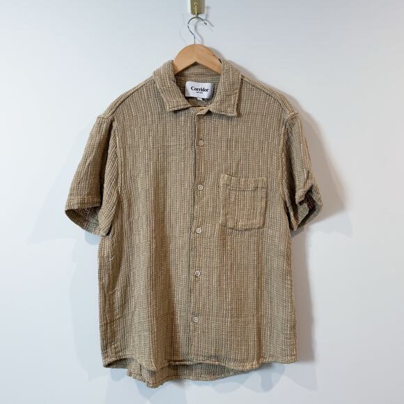 CORRIDOR Rainbow Weave Linen Camp Collar Shirt Natural L EUC - Picture 2 of 4